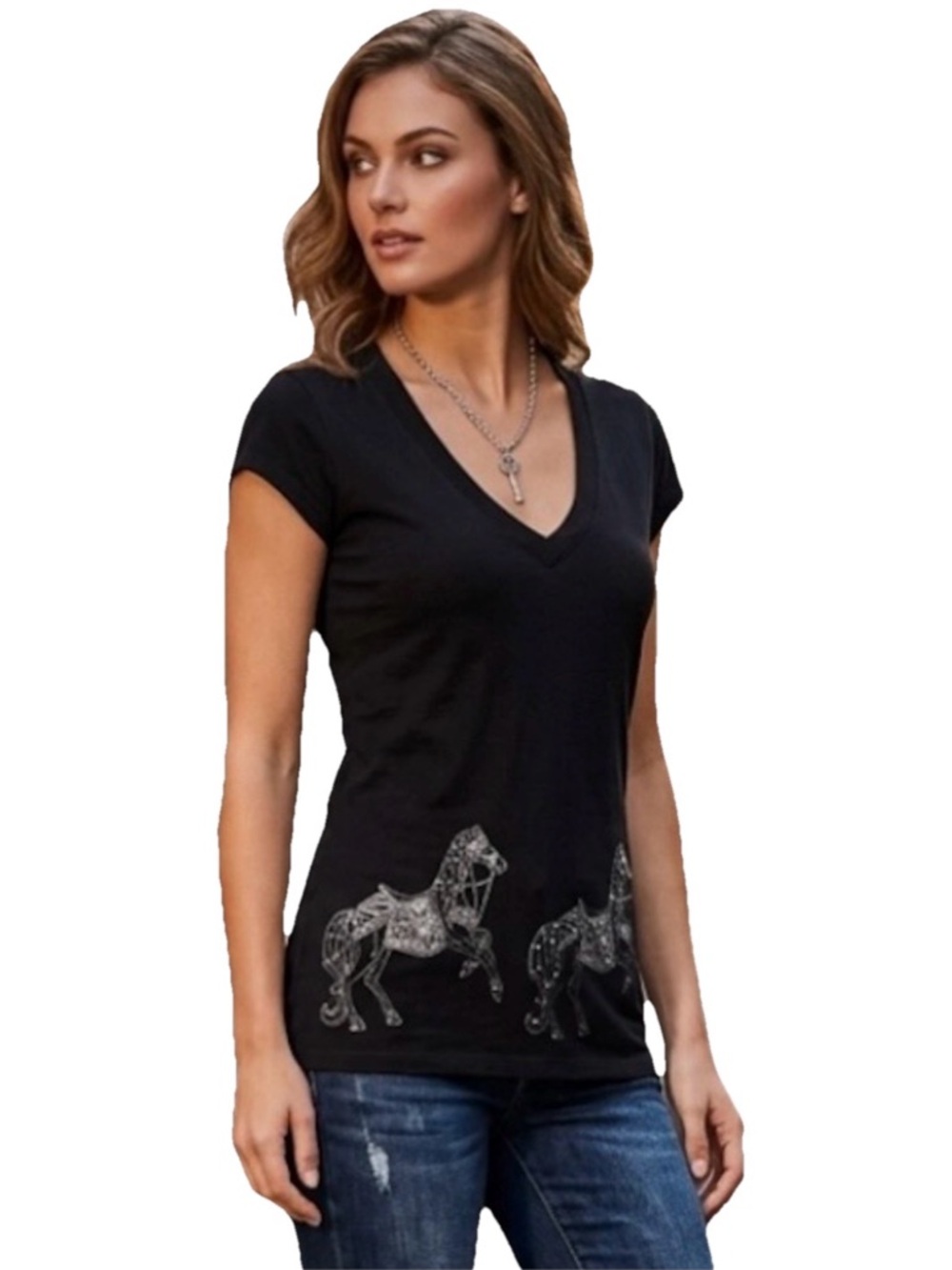 Key Closet Black Women’s Carousel Horses Swarovski Studded Tee Size Small